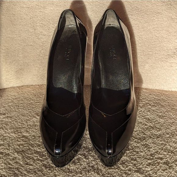 Gucci Black Prism Petro Patent Leather Wimbledon Platform Stilleto Heels - Picture 6 of 12